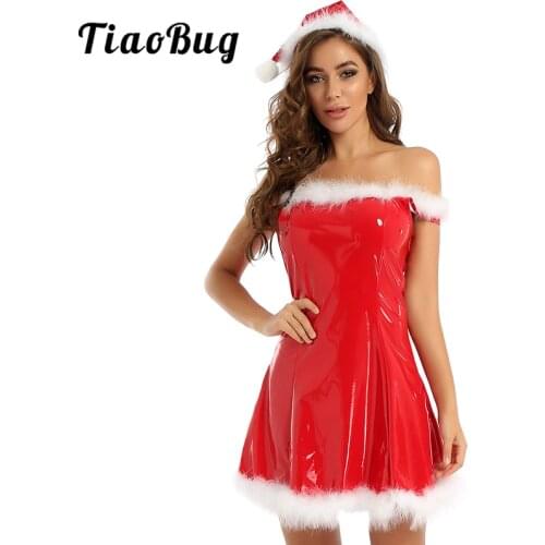 TiaoBug Women Christmas Costume White Feather Trim A-line Mini Sexy Dress with Hat Mrs Santa Claus Fancy Party Rave Xmas Outfit