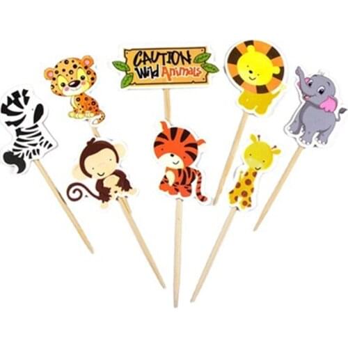 24Pcs Jungle Safari Cupcake Picks Animal Cake Toppers Cartoon Cupcake Inserts Card Party Gifts for Kids Birthday Wedding Decor