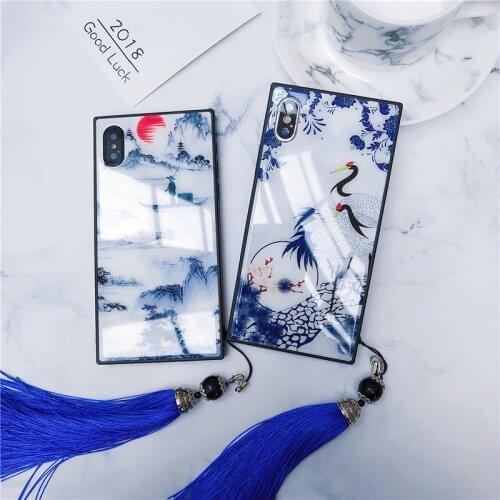 For iPhone 12 Mini 11 Pro Max XS Max XR X 8 7 Plus SE 2020 Case Chinese Blue-White Porcelain Tempered Glass Cover Strap Funda