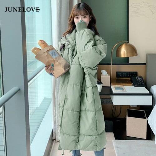 JuneLove Winter New Korean Fashion Long Coat Womens Clothing Loose Warm Thick Black Parkas Vintage Female Oversized Outwears