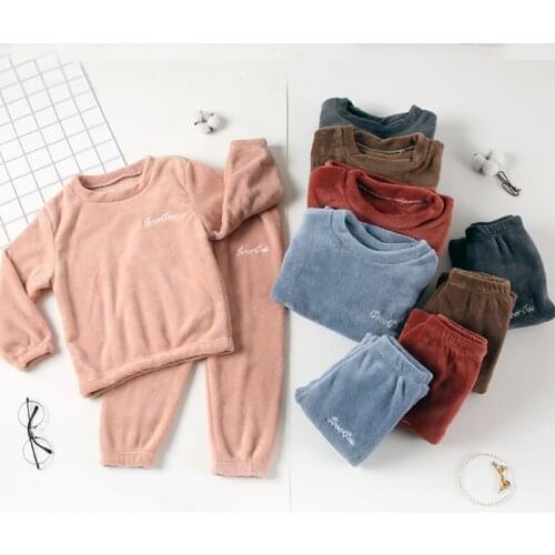 Childrens Warm Pants Set Double-sided Coral Plush Thickened Autumn and Winter Boys' and Girls' Pajamas Set Household Clothes