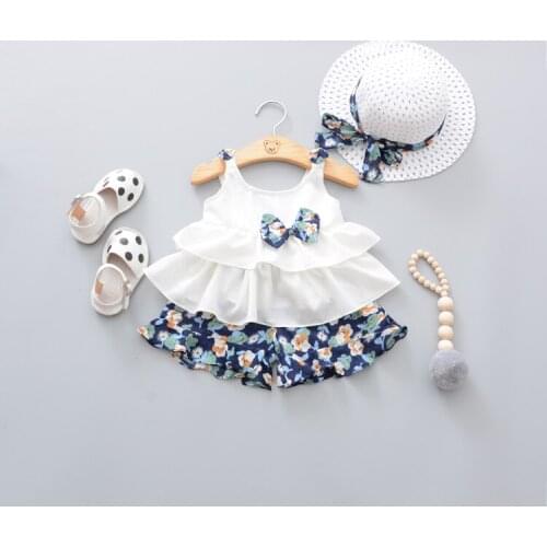 Little Girls Clothing Set 3 Pcs 2020 Summer 0-3 Yrs Baby Infant Kids Vest Suit Children Bow Floral Camisole + Shorts + Hat X357