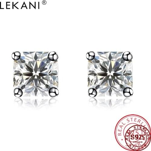 LEKANI 925 Sterling Silver Earrings Women Geometry Square Shining Cubic Zirconia Stud Earring Hot Sale Female Fine Jewelry