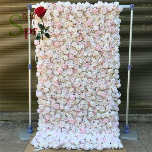 SPR Top selling roll up cloth back hot pink silk flower wall for wedding backdrop decoration