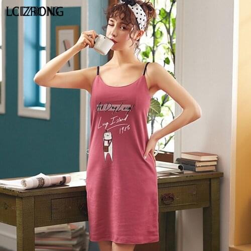 Cute Cartoon Spaghetti Strap Sexy Sleepwear Dress Women Summer Sleeveless Mini Dress Casual Cotton Nightgown Home Clothes Female