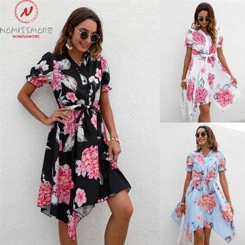 Fashion Women Summer Print Dress Irregular Single-Breasted Design Bandage Decor V-Neck Short Sleeve Mid Waist Slim Dress