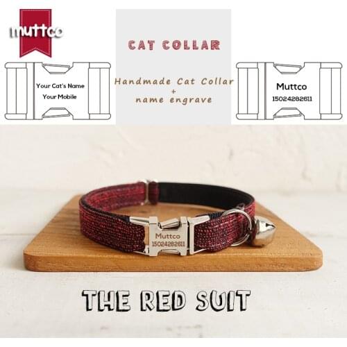 MUTTCO retailing handmade engraved metal buckle cat collar THE RED SUIT unique design cat collar 2 sizes UCC006
