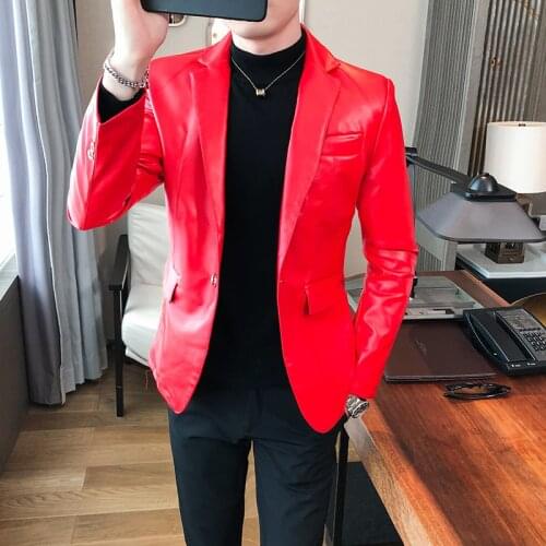 Men Fashion Solid Slim Fit One Button Business Casual Blazers for Men Korean Style Suit Jacket Blazer Hombre Pu Leather Jackets