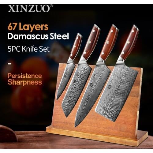 XINZUO 5 PCS Kitchen Knife Set with Knife Holder 67 Layers Damascus Steel Knife Pro Chef Knife Set Best Cooking Tools