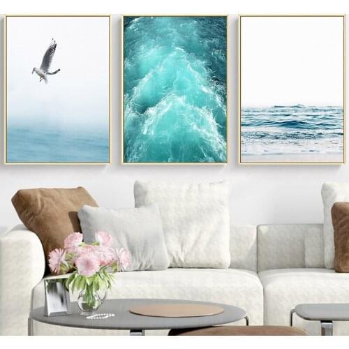 Nordic Wall Pictures Canvas Blue Sea And Sky Nordic Landscape Painting Printed Beach Waves Poster Living Room Art Decor