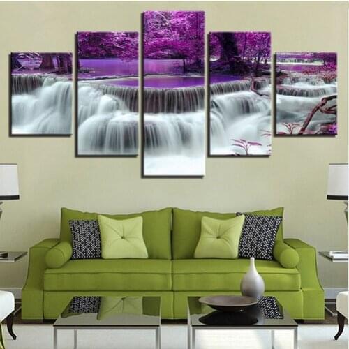 Canvas Prints Poster Living Room Decor Painting Framework 5 Pieces Purple Forest Tree Lake Waterfall Landscape Pictures Wall Art