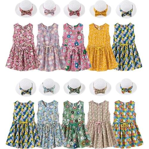 VOGUEON 2PCS/Set Girls Dress +Hat Cotton Comfortable Childrens Dress 2021 Summer Dress Floral Girls' Sleeveless Dress For Kids