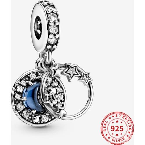 Real 925 Sterling Silver Bead Blue Night Sky Crescent Moon and Stars Dangle Charm Pendants Fit Pandora Charm Bracelets