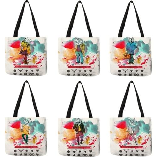 Strong Creative Handmade Premium Linen Shoulder Bags Animal Face Lion Deer Wolf Character Print Handbag Women Casual Totes