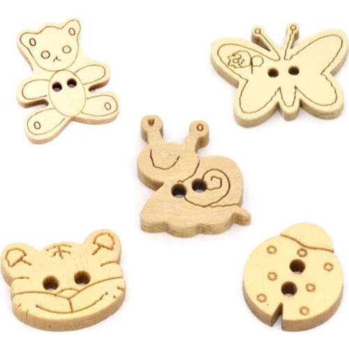 100Pcs Mixed Animal Wood Sewing Buttons For Cloth Flatback Cabochon Scrapbooking Crafts Knopf Bouton Decor Diy Accessories