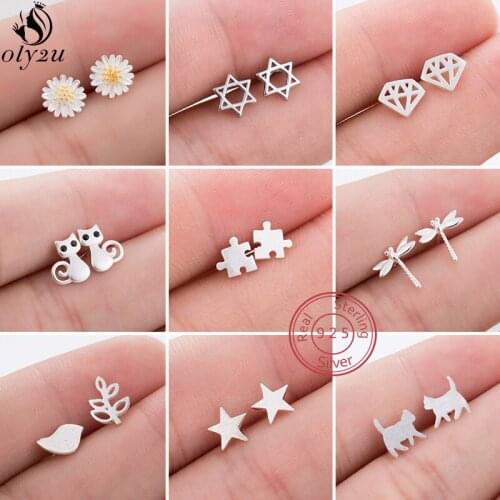 Newest 925 Sterling Silver Small Stud Earrings for Women Mini Korean Cat Flower Puzzle Dragonfly Earings Lady Party Accessories