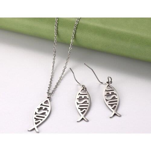 Skyrim Christian Jesus Fish Pendant Necklace Earring Sets Stainless Steel Choker Chain Necklaces Jewelry Set Gift for Female