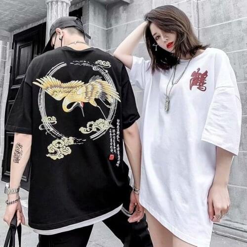 High-quality Japanese tide products Ukiyo-e fairy crane short-sleeved T-shirt hip-hop punk style mens summer Chinese style tide