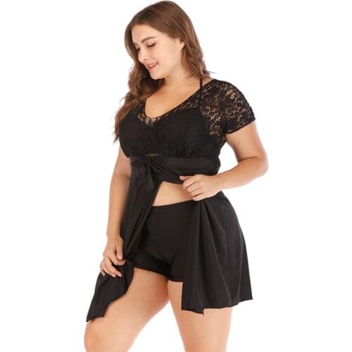 Womens 3 PCS Swimsuits Plus Size Lace Tankini Set with Cover Up Female Bikini Set Bathing Suit Padded Beachwear 5XL