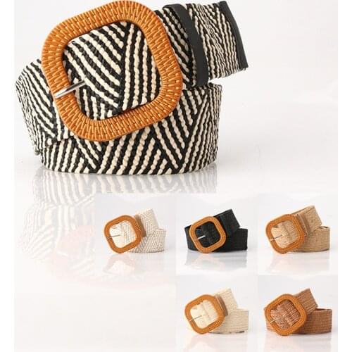 2020 New Imitation Grass Woven Ladies Elastic Belt Square Buckle All-match Dress Elastic Girdle