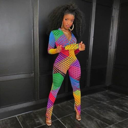 UVRCOS Birthday Outfits For Women Multi Rainbow Color Slim Jumpsuit Autumn Long Sleeve Print Sexy Mujer Bar Party New Sweatsuit