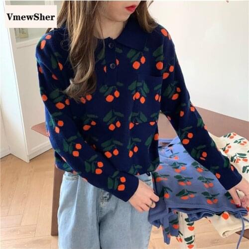 VmewSher New Spring Autumn Women Sweater Polo Collar Long Sleeve Knitted Pullover Female Sweet Cherry High Waist Jumper Crop Top