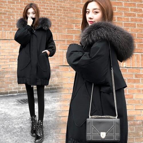 Tom Hagen Winter Coat and Jacket Women Fur Collar Long Coat Hooded Parka Black Warm Korean Fashion Plus Size Duck Down Jacket