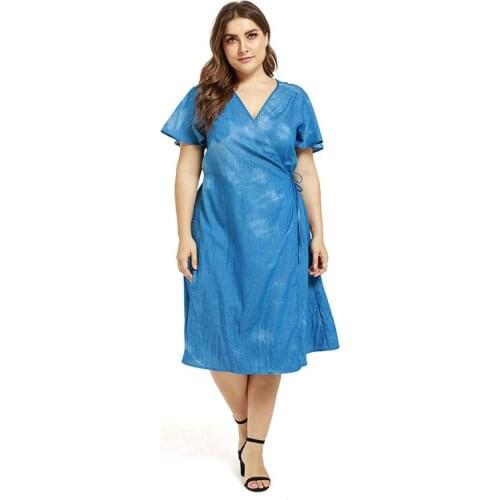2019 Summer Medium and long section clothes V-Neck for Women Plus Size Dress Loose and comfortable tie dyed denim xxxl