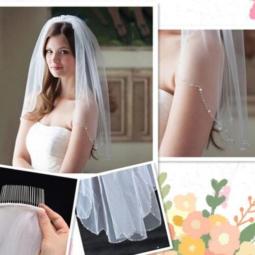 ZMV33 Bead Edge Simple Short Bridal Tulle White Ivory Elegant Wedding Veil with Hair Comb for Women Marriage Accessory Bride