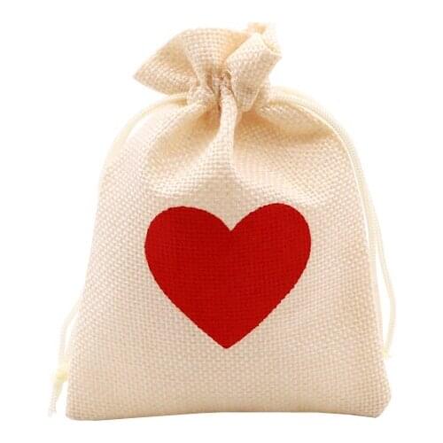 10PCS White Gift Packing Muslin Bag Red Heart Jewelry Shoes Clothing Storage Pouches Handmade Cotton Jute Sacks