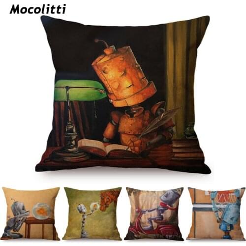 18" Nordic Adorable Robot Characters Cartoon Decorative Throw Pillow Cover Cotton Linen Chair Seat Cushion Cover Cases for Car