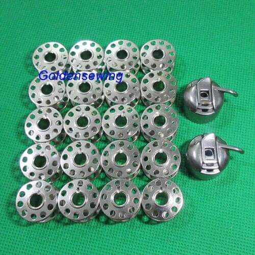 2 Bobbin Case & 20 Metal Bobbin Set For Singer Class 15, 15K, 15-30, 16, 16U
