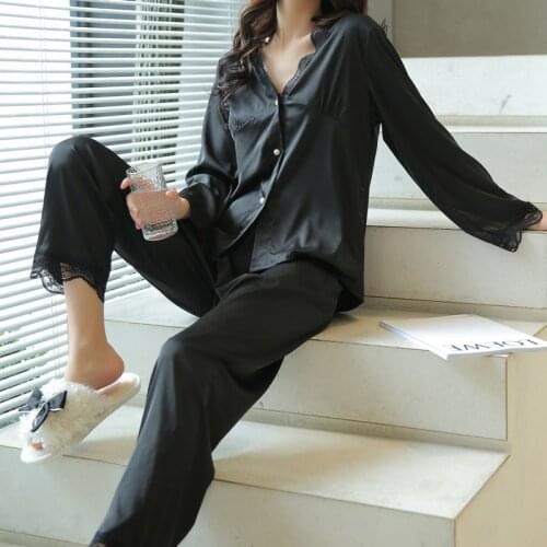 Fdfklak 2021 New Spring Summer Trouser Suit Women Female Two Piece Set Loungewear Comfortable Silk Satin Pajamas Sleepwear