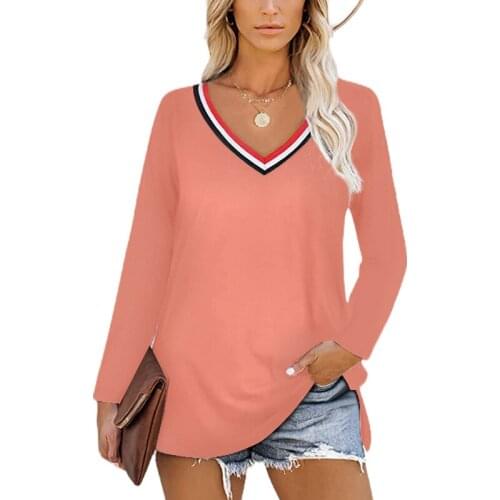 V-neck Split T-shirt 2021 New Solid Color Women Loose Casual Long-sleeved Pocket Pullover Tops Woman Street Comfortable T-shirts