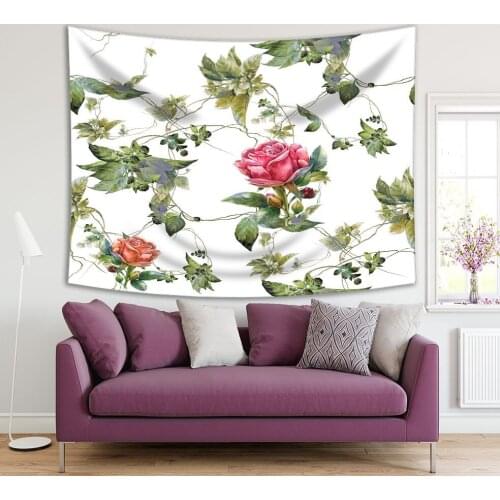 Tapestry Flowers Roses Leaves Summer Garden Nature Vintage Style Painting Artwork Red Orange Green