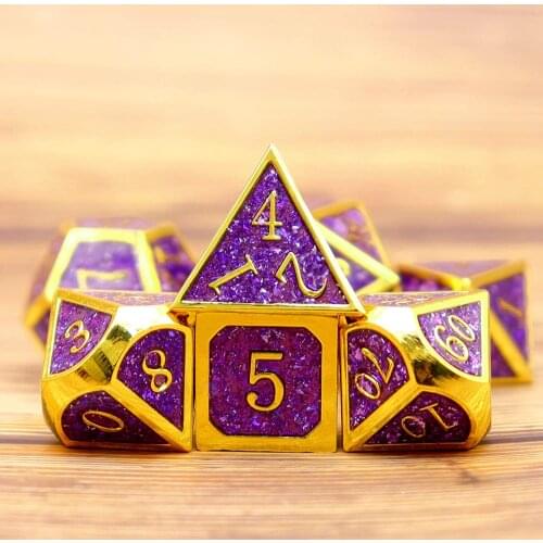 Haxtec Gold Glitter Metal Dice Set 7PCS Polyhedral Glitter Dice for Role Playing Dice Games DND-Purple