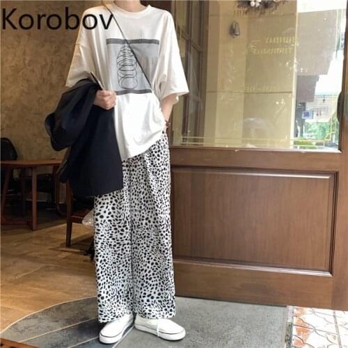 Korobov 2020 Summer Streetwear Women Suits Korean Summer O Neck Short Sleeve T Shirts and High Waist Wide Leg Pants Sets