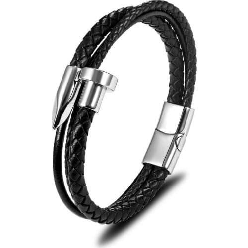 Wild New Titanium Steel Nails Leather Bracelet Personality Assertive Stainless Steel Bullet Braided Bracelets Ornament