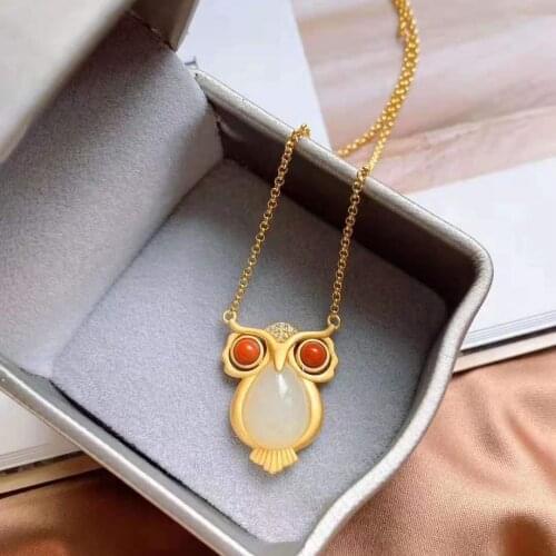 Cute Necklace for Women Super Cute Sky Sterling Silver Ran Hetian Jade Owl Pendant for Women Small Jade for Girlfriend