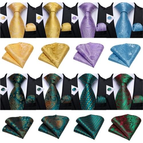 Men Tie Teal Green Yellow Blue Paisley Quality Silk Wedding Tie For Men Hanky Cufflink Business Gift Tie Set DiBanGu Designer