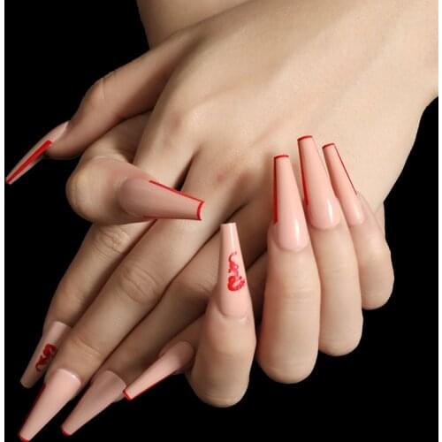 24pcs/Set Fashion Pink False Nails Long Red Dragon Decal Artificial Coffin Shaped Press On Nails with Glue Manicure Nail Tips