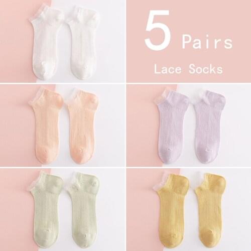 5 Pairs Sweet Lace Socks for summer thin Transparent Boat Silk Socks Short invisible Women Girls Solid color Preppy style Cass