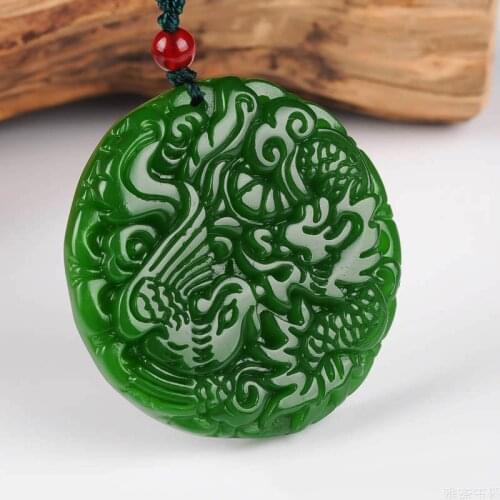 Natural Green Hand-carved Jade Pendant Jewelry Necklace Dragon and Phoenix Chengxiang Male and Female Lovers Pendant