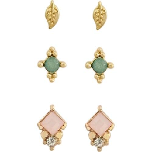 Lovely Gold Color Plating Small Light Pink Green Stone Leaf Trio Stud Earrings Set For Women Girl Cute Accessories