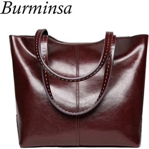 Burminsa Vintage Women Oil Wax Genuine Leather Handbags Ladies Large Cpacity A4 Work Tote Shopper Bags Female Big Shoulder Bags