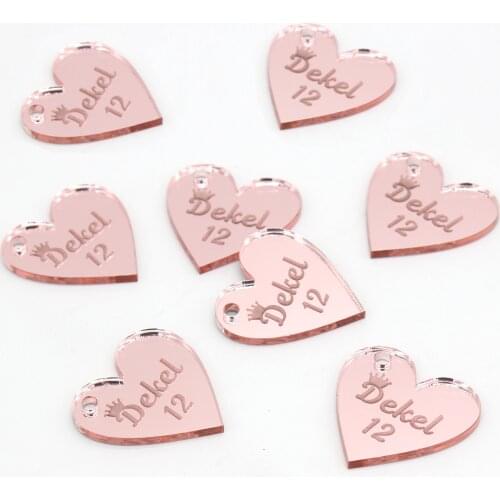 50 Personalized Engraved Name Rose gold Mirror MR & MRS Surname Love Heart Tags Wedding Table Decor Favors Customized Font Style