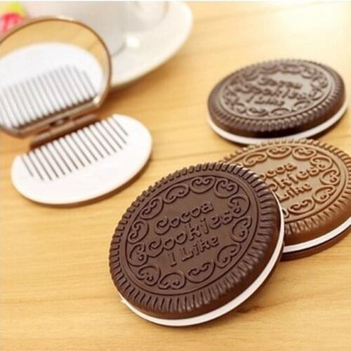 New arrivals Women Makeup Tool Pocket Mirror Make up Mirror Mini Dark Brown Cute Chocolate Cookie Shaped With Comb