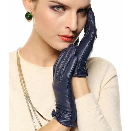 2020 NEW Womens Genuine Leather Gloves Female Wrist Bowknot Sheepskin Gloves Spring Autumn Thin Velvet Mittens L101PQ-1