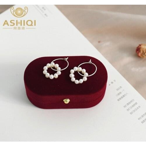 ASHIQI Natural Freshwater Pearl Hoop Earrings 925 Sterling Silver Jewelry for Women Wedding Gift