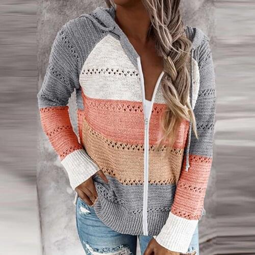 Women Autumn Long Sleeve Color Block Hollow Out Knitted Hooded Sweater Coat Color Block Hollow Out with Hood Casual Sweater